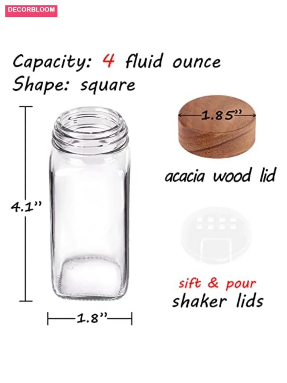36 Glass Spice Jars with Shaker Lids & Acacia Wood Lids + Labels, Funnel, Chalk